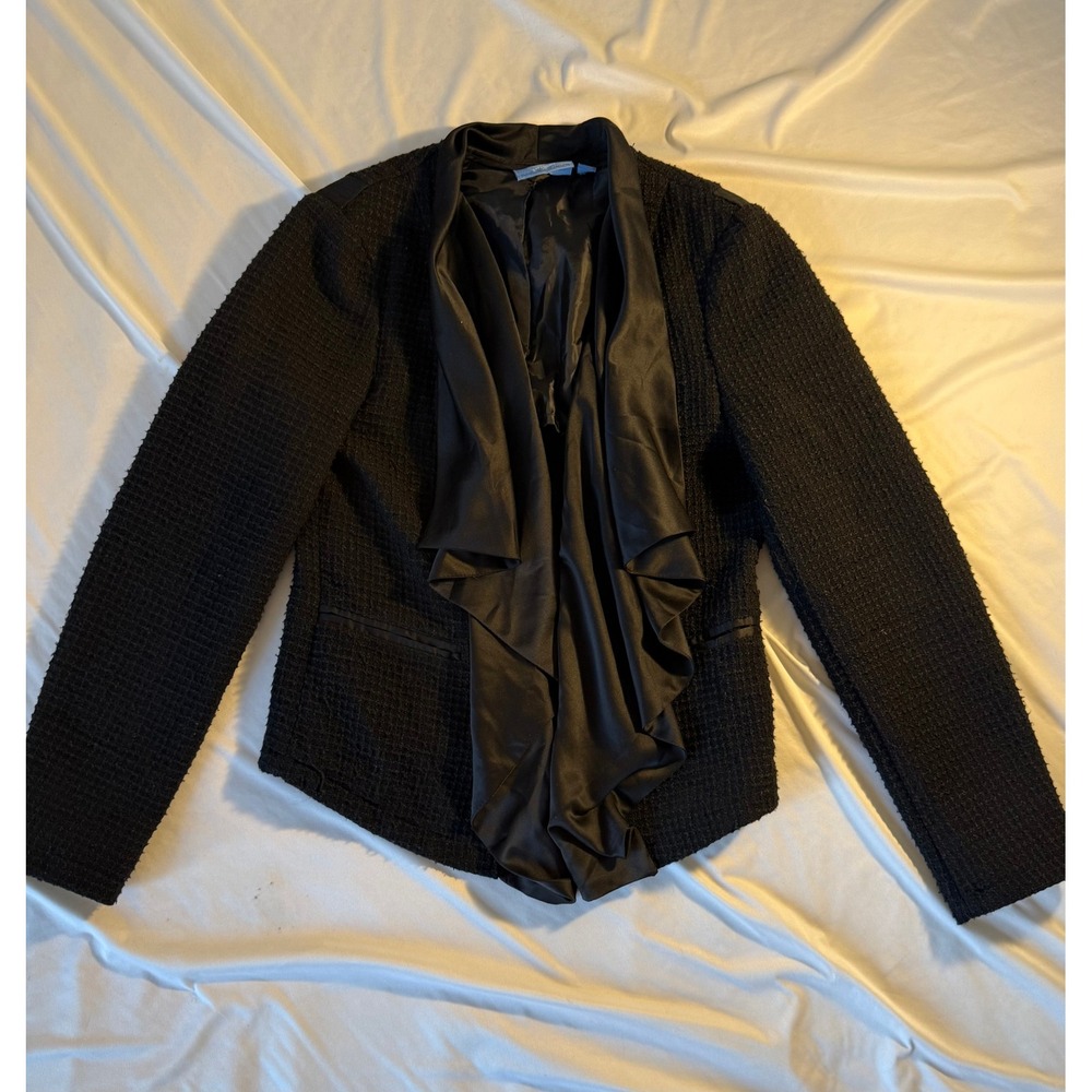 Simply Vera Vera Wang Black Tweed Satin Ruffle Waterfall Open Front Blazer
